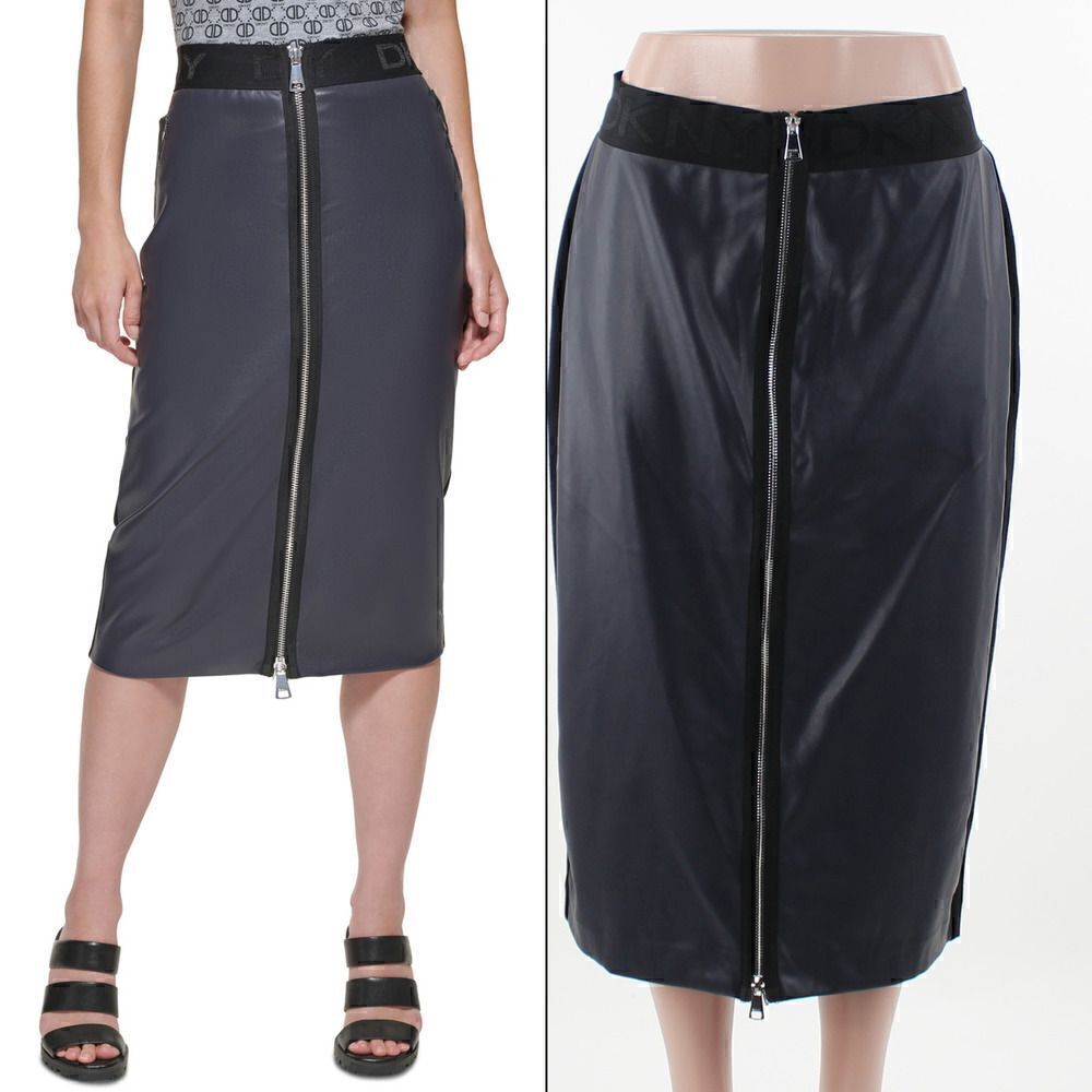 DKNY Navy Zippered Logo Waistband Below the Knee Pencil Skirt